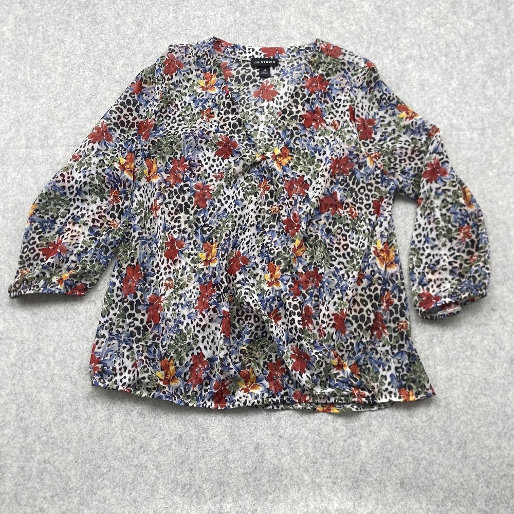 I.N. Studio Blouse Womens M Multicolor Floral Animal Print 3/4 Sleeve Top